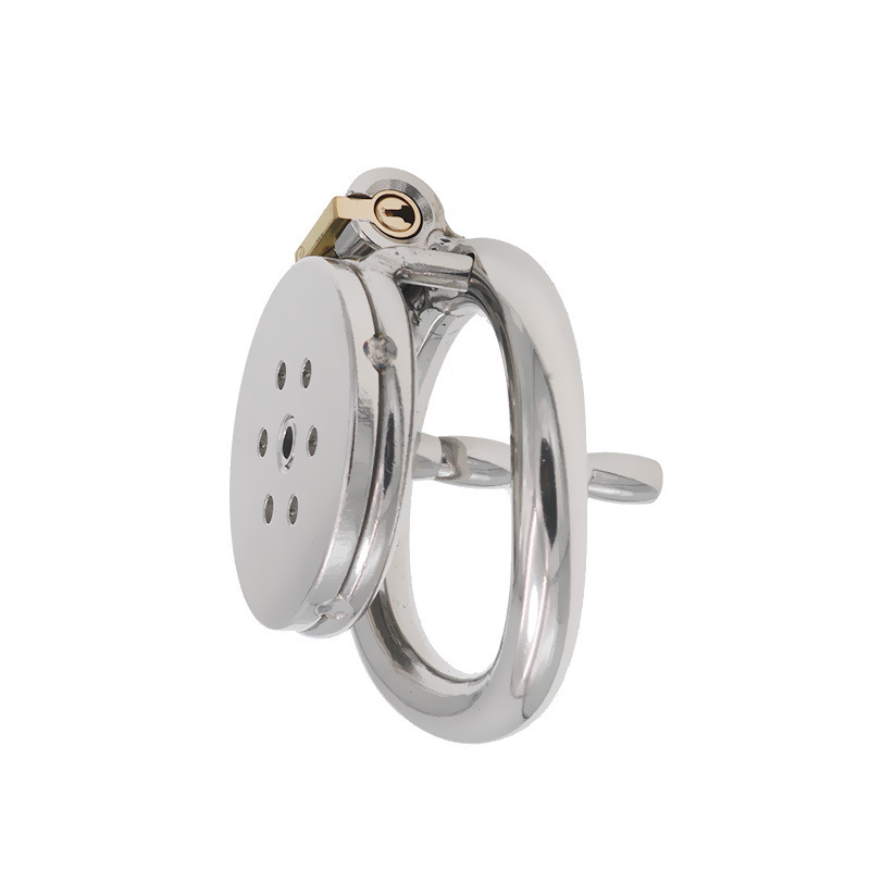 Stainless Steel Flat Round Hole Chastity Lock Chastity Cage Penis Cage Flat Head Short Mini Male Wear for Going Out