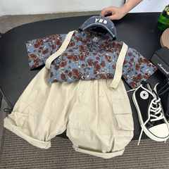 夏季度假風兒童復古港風花朵短袖襯衫男童海邊痞帥涼爽洋氣花襯衣