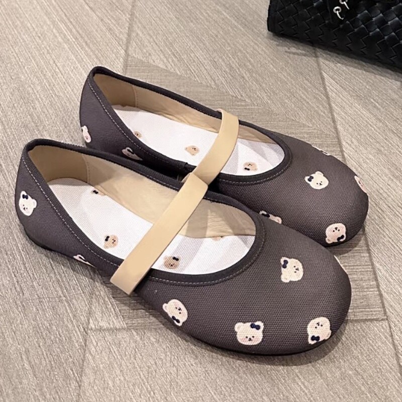 [In Stock] Korean Cute Bear Print Ballet Flats for Women, Slip-On Round-Toe Mary Jane Shoes