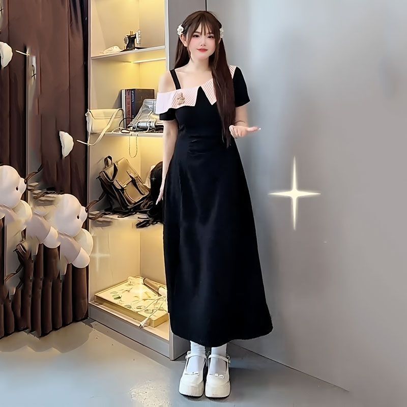 Plus Size French Style Plaid Lapel Dress for Women in Summer Slightly Fat mm Slant Collar Off-Shoulder Sexy Slimming Look Long Skirt