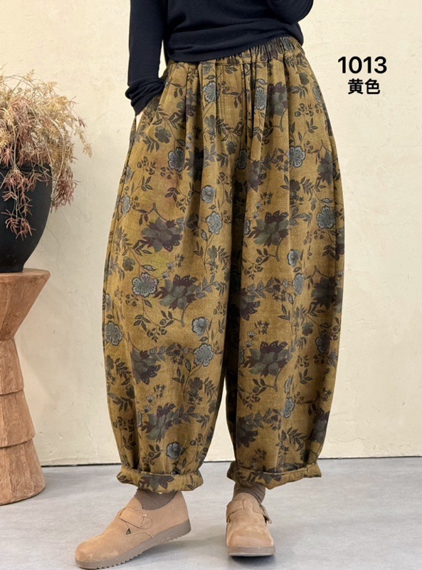 文艺复古斜纹棉印花松紧腰哈伦裤女2025秋新款宽松大码长裤 1013|undefined