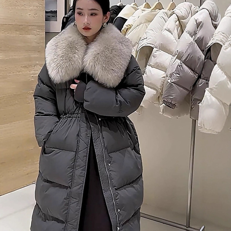 Haining Winter Waist Drawstring down Jacket Women's Winter Long Fox Fur Collar Over-The-Knee Fur Jacket Wholesale