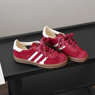 Vintage Red Genuine Leather German Training Shoes Women's 2025 New All-match Lace-up Casual sneaker Flat Forrest Gump Shoes Skate Shoes