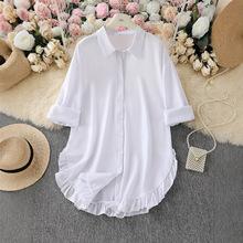 2025新款褶皱荷叶花边下摆春夏衬衫宽松纯色亚马逊欧美跨境女装