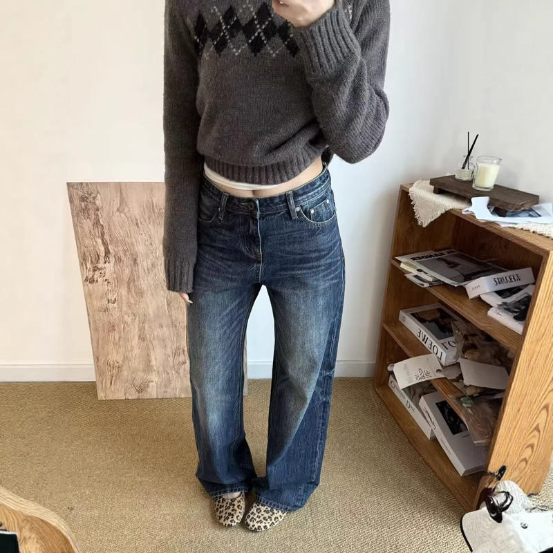 At~26 Early Spring 080H~100 Cotton Vintage Washed Dark Blue Straight-Leg Denim Wide-Leg Casual Pants