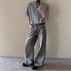 美式复古水洗做旧烟灰色cleanfit牛仔裤男女高街宽松直筒休闲长裤