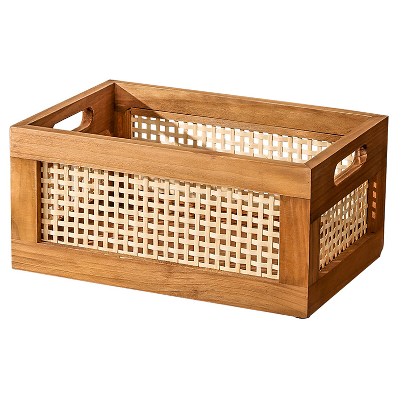 Caja de almacenamiento retro de madera maciza, cesta de almacenamiento de ratán para escritorio, para libros, refrigerios, cosméticos y almacenamiento en el hogar.