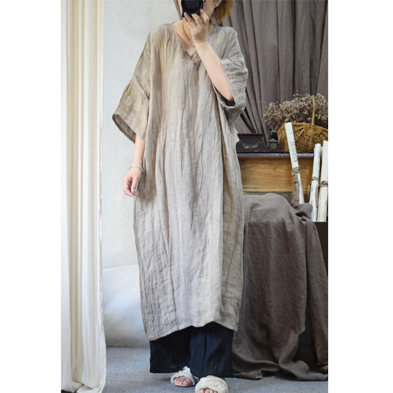 Summer Pure Linen Tie-Dye Irregular Brace Texture Wrinkle Retro Nostalgic Style Collarless Robe Dress 23031 Summer Pure Linen Tie-Dye Irregular Brace Texture Wrinkle Retro Nostalgic Style Collarless Robe Dress 23031