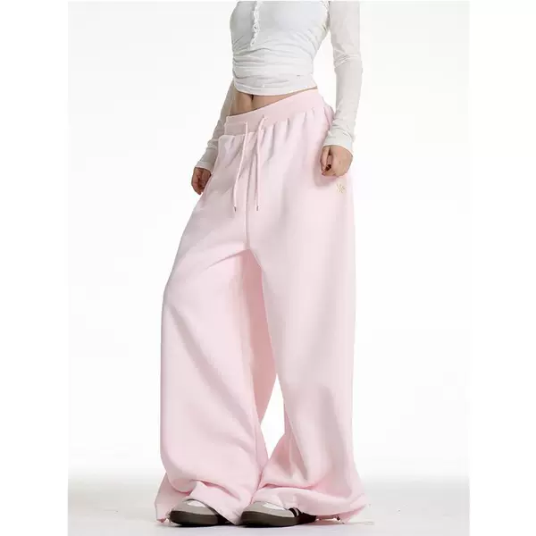 American Retro Pink Wide-Leg Sweatpants for Women, Trendy Versatile Workwear, Elastic Waist, Casual Drapey Long Pants, Trendy