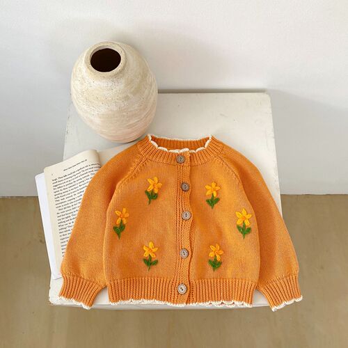  autumn clothing versatile baby girl infant children's coat hand embroidered flower knitted sweater cotton yarn long-sleeved cardigan