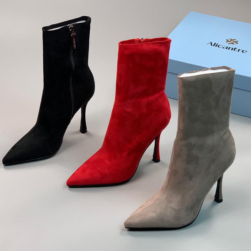 Original Fashion Boots, Suede Short Boots, Women's New Single Boots, Stiletto Heels, Pointed Toe Mid-Calf Boots, Women's Slim Boots, Trendy