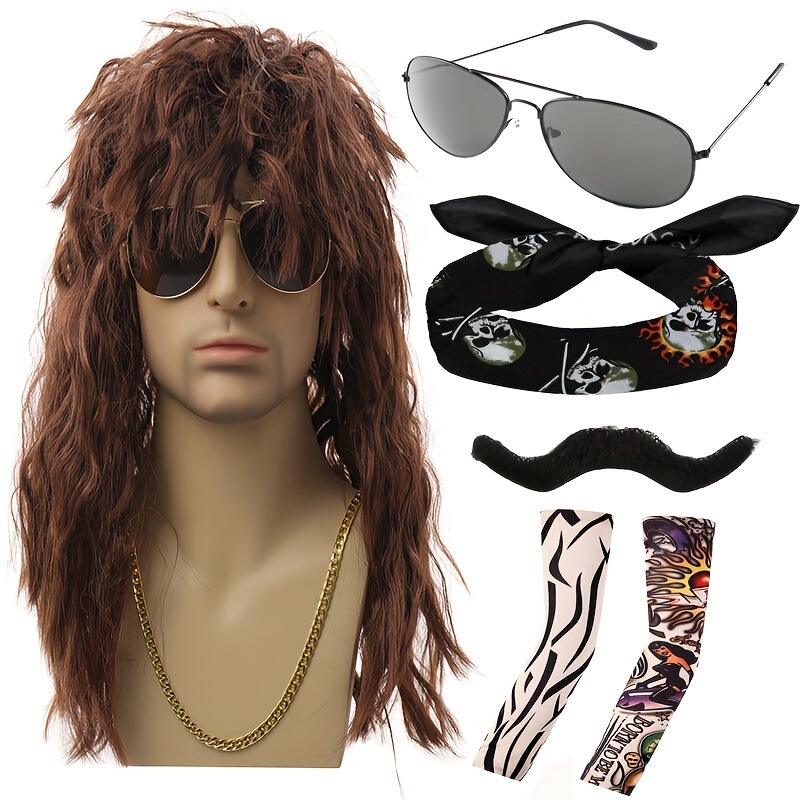 80S Punk Rock Heavy Metal Costume Set Wig Cool Glasses Bandana Tattoo Sleeve Halloween Lp721