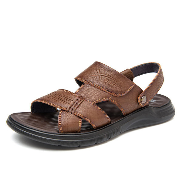 Dép sandal nam da bò hở ngón gót bằng 2,5 cm thoáng khí chống trượt — Kaki, Màu đen
