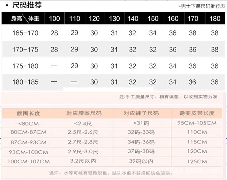 身高体重尺码对照表