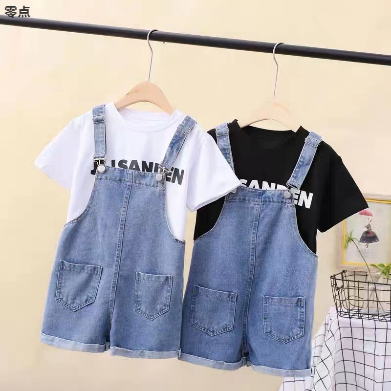 Girls' T-Shirt and Overalls Set Summer New Denim Shorts Korean Style Trendy Children's Pants