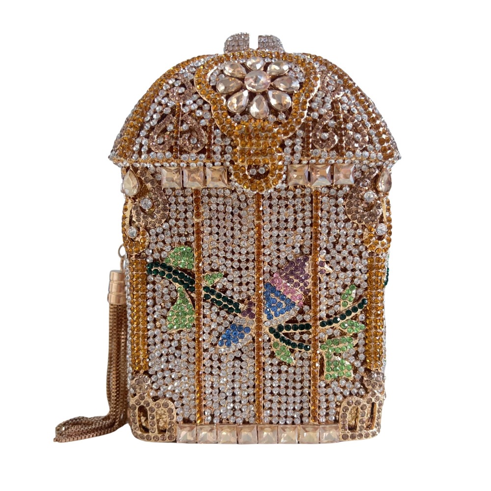 Birdcage dorado nuevo paquete de cena de diamantes de pajaros, paquete de diamantes de lujo, paquete de mano, embrague para mujeres