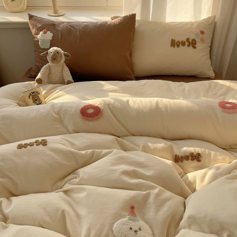 Four-Piece Embroidered Bedding Set, Soft Sweet Dessert Design, Spring–Summer, Multiple Sizes