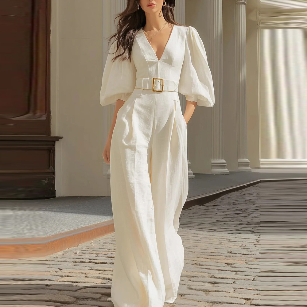 Independent Site Cross-Border Foreign Trade 2026 Spring Collection European and American Women's Fashion Elegant Casual Solid Color Deep V-Neck Loose Jumpsuit for Women