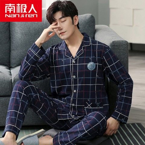 Pijamas de los hombres manga larga 100% algodón primavera, otoño e invierno algodón flojo más tamaño traje desgaste del hogar