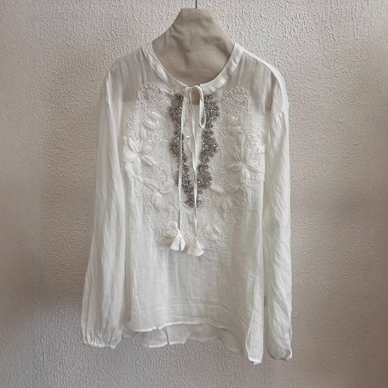 In-Stock 2026 New Lace Beaded Ramie Shirt with Round Neck Embroidery, Spring/Summer Long-Sleeve Sun-Protection Loose Vacation Top
