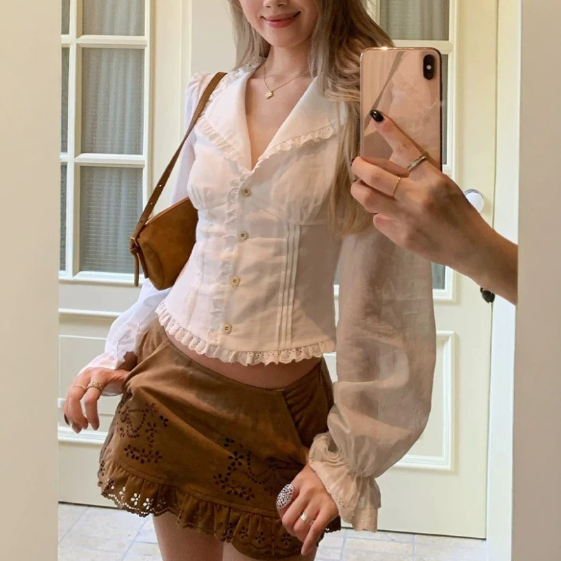 8uioi is the main recommendation! 'Fontainebleau' French-style V-neck cropped shirt for women, new autumn collection, slim-fit long-sleeved thin top