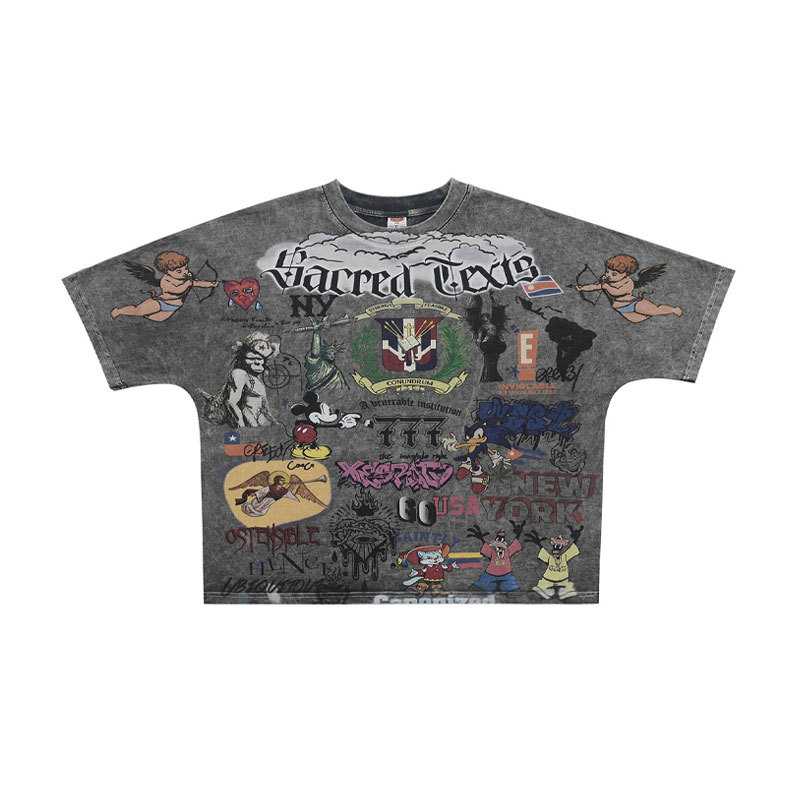 Herrenbekleidung: Retro-T-Shirt mit Cartoon-Print, gewaschenem Used-Look, lockerer Passform und kurzen Ärmeln – lässiges Vintage-Top_voghion.com