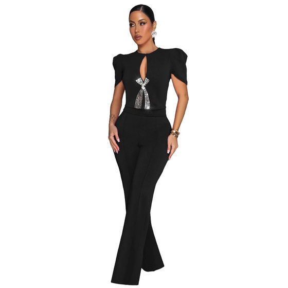 AJ4478 Cross-border Source European and American Women's Personality Line Bow Decorative Short-sleeved Casual Wide-leg Jumpsuit