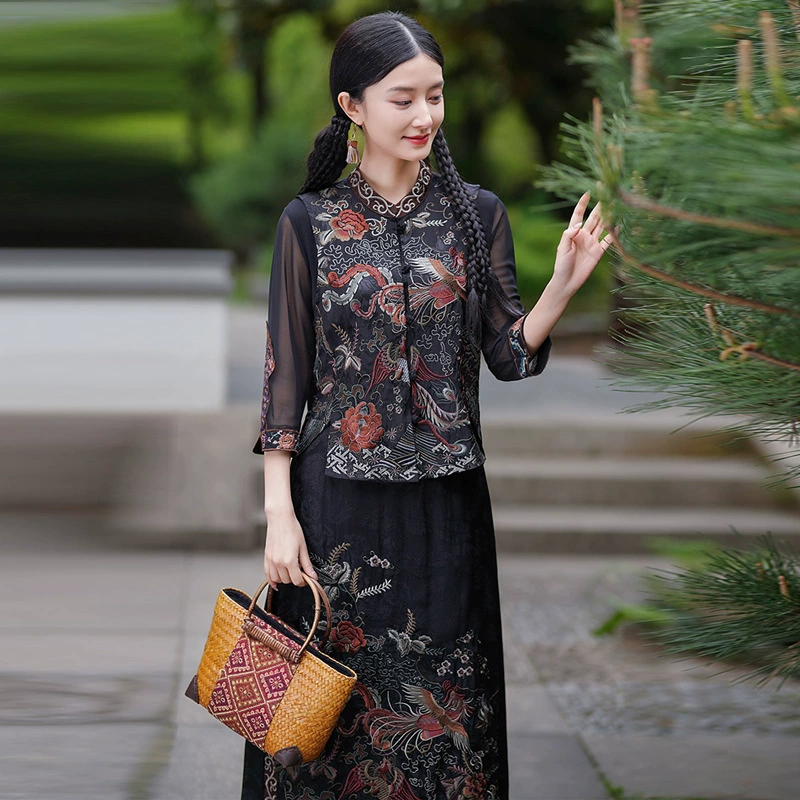 2025 новый женский национальный стиль феникс вышивка жилет женский жилет ретро плечо куртка короткий жакет топ