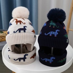 跨境恐龙帽子冬季围巾套装加绒保暖宝宝婴幼儿围脖针织帽毛线儿童