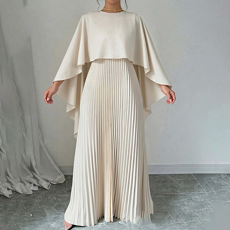 Spring 2026 New Women's Clothing, Cape Elegant Solid Color Round Neck Pleated Slim Fit Fashion Suit_ecoleips.com