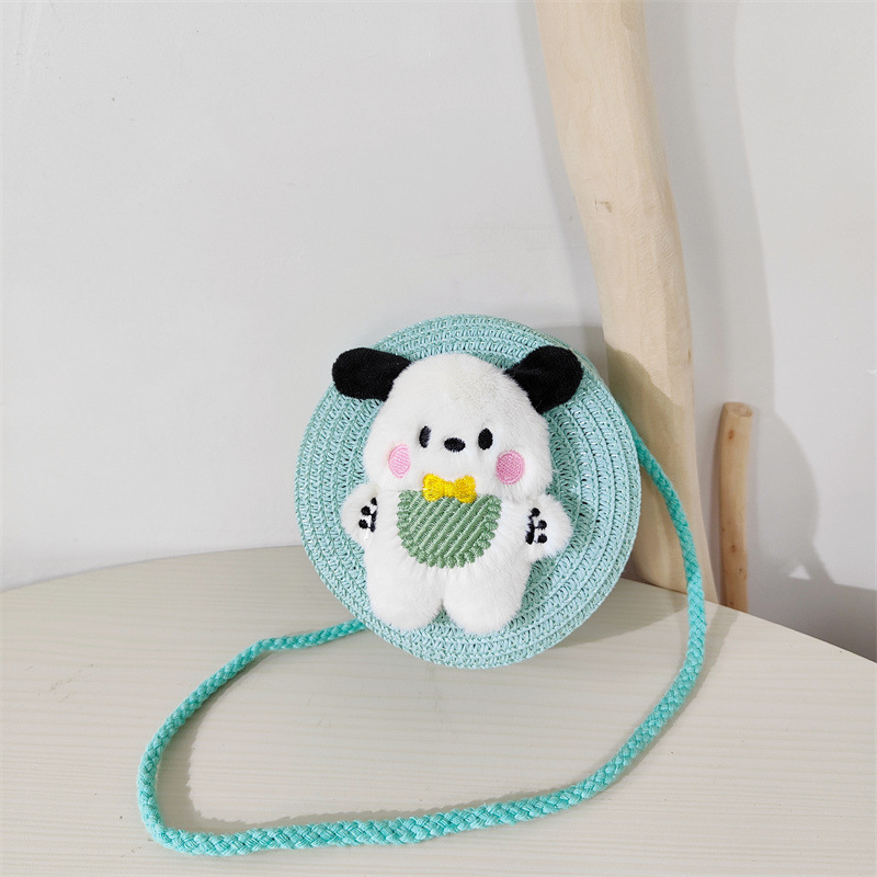Verano de los niños de paja lindo babero cachorro crossbody pequeño bolso redondo niños y niñas al aire libre ligero dibujos animados tejida BOLSA DE PAJA