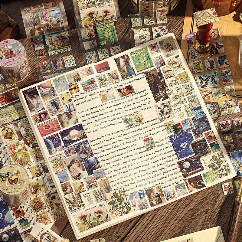 sello amarillento retro estampado cinta adhesiva DIY paisaje pegatinas de libro de mano rollo de plantas y animales pegatinas de sellos retro