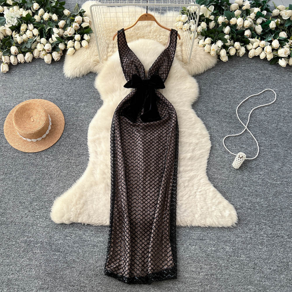 Cross-Border Evening Dress for Women, Light Luxury and Elegant Socialite Bow Tie Waist V-Neck Suspender Sequined Mesh Dress