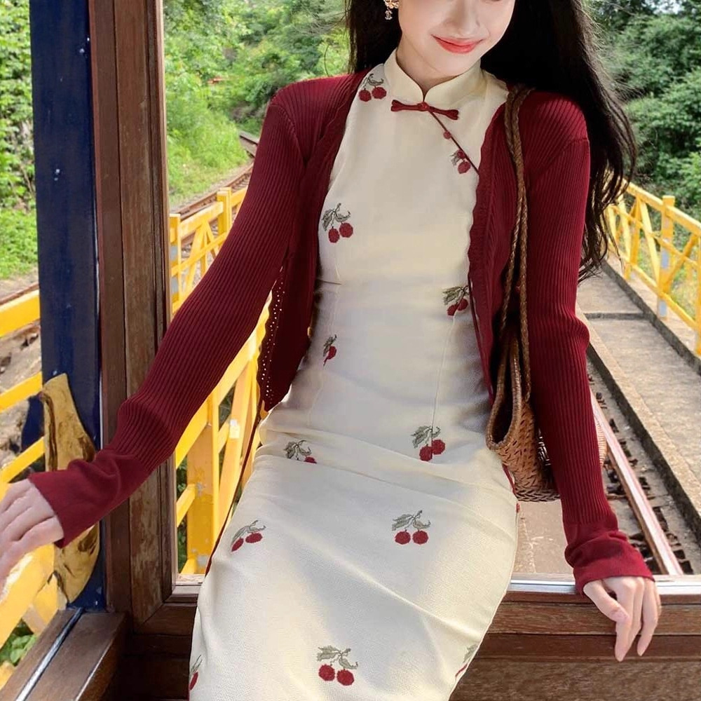 Qin Ying' New Chinese Style Cherry Embroidery Modified Cheongsam For Women, Early Autumn Vintage Stand Collar_ecoleips.com