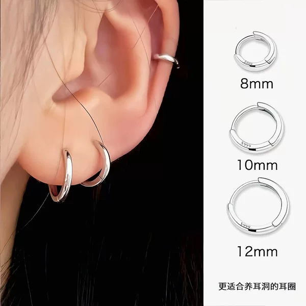 All-Over S999 Pure Silver Plain Hoop Earrings for Women, Simple Style Earrings for Sleeping, No Need to Remove Pierced Ear Holes, Earrings in Stock Wholesale