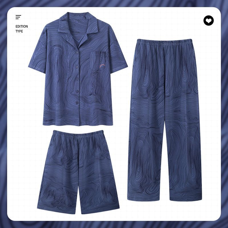 100% Pure Cotton Pajamas Men's Summer Cardigan Short Sleeve Shorts Trousers Three-Piece Set Thin Home Clothes suit plus size