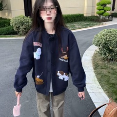 趣味卡通毛巾绣开衫卫衣女秋季韩系慵懒风宽松BF棒球服休闲外套潮