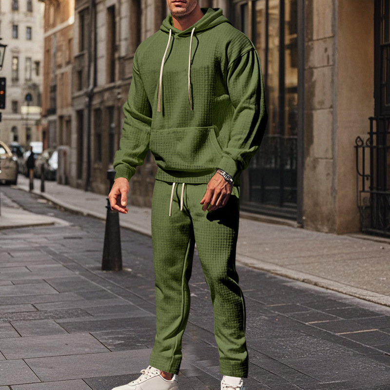 Men's Clothing heavy jacquard small square long sleeved trousers hooded suit _voghion.com