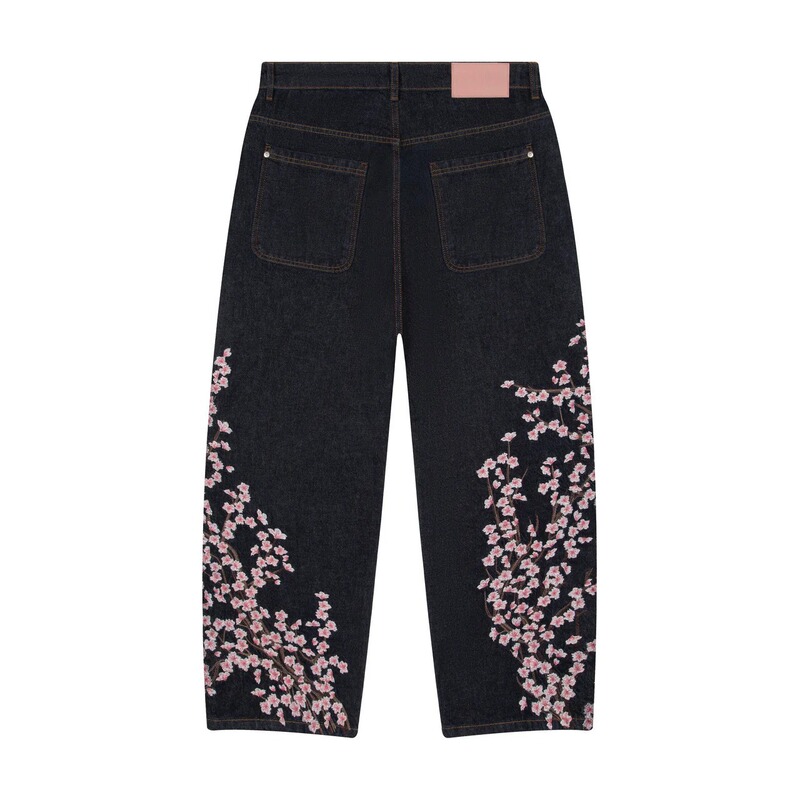 European and American trendy brand derschutze cherry blossom embroidered jeans for men, Y2K high street design straight-leg pants, trendy cross-border