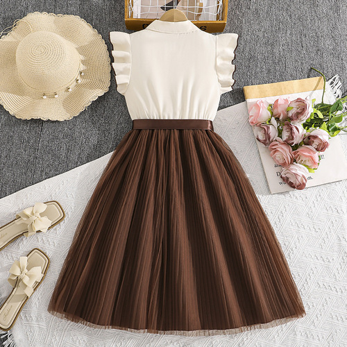 Children's wear new style short-sleeved waist stitching mesh dress with woven belt 2026 spring and summer girls 'princess dress