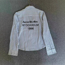 早秋AC顶版1996数字浅蓝色条纹翻领字母长袖衬衫女显瘦百搭短衬衣