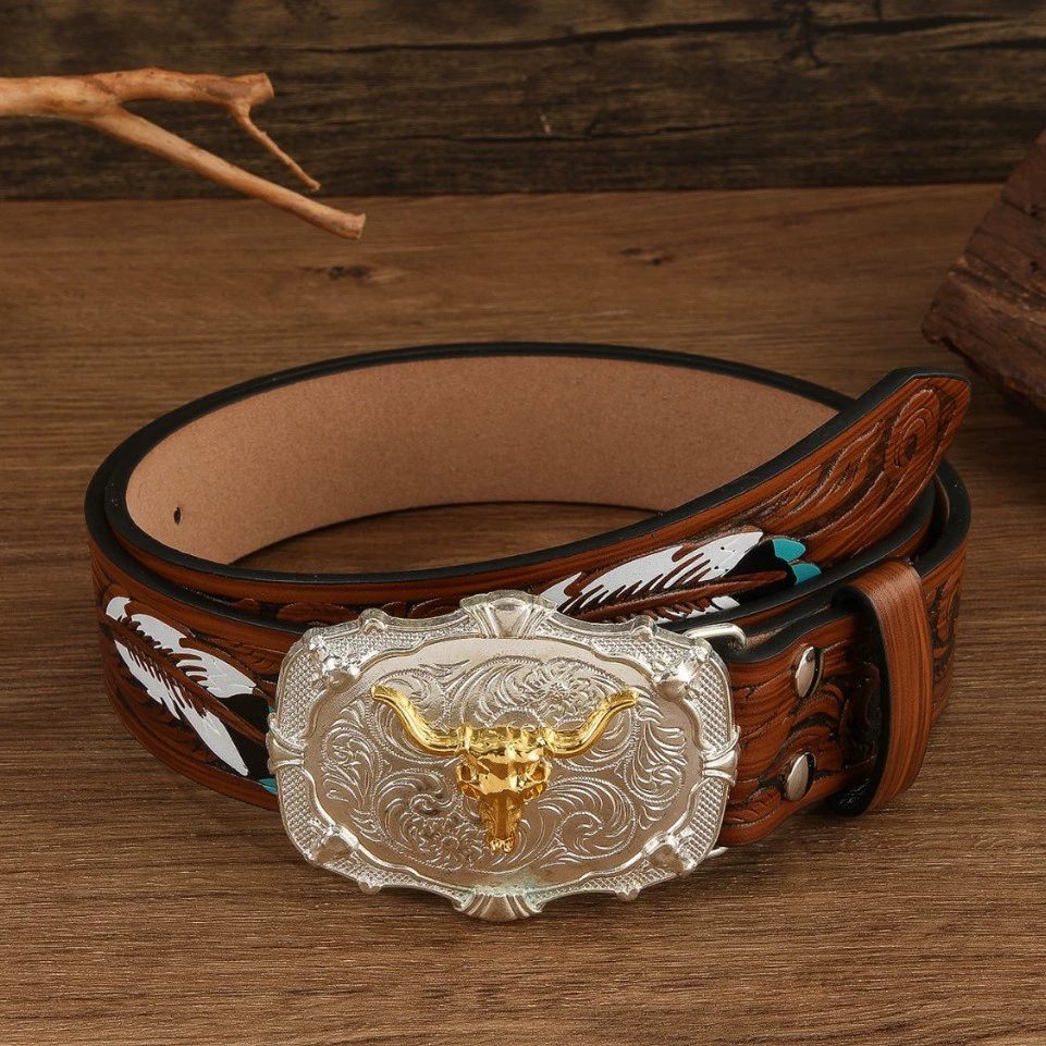 Ремень с резной пряжкой в ​​стиле вестерн-ковбоя в стиле ретро для мужчин и женщин, модный ремень с рисунком головы быка для мужчин с индивидуальностью