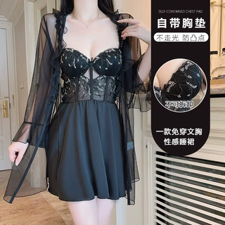 瑰若深V加胸垫内衣性感甜美顺滑缎面睡裙网纱外袍家居服套装M5804