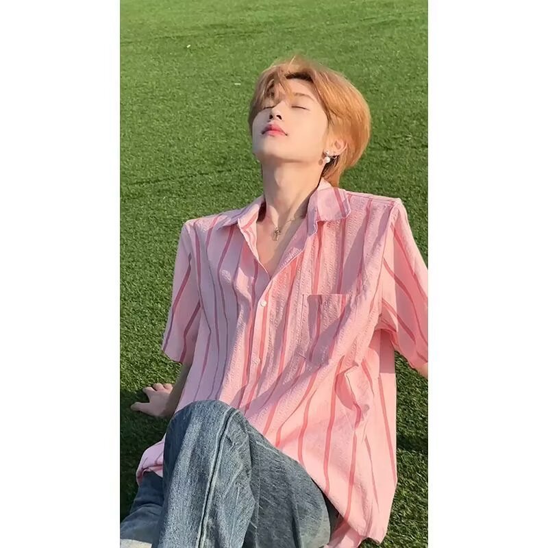 Summer Striped Pink Short-Sleeved Shirt for Men, Hairstylist Wears Handsome Jacket, American Dopamine High-End Shirt