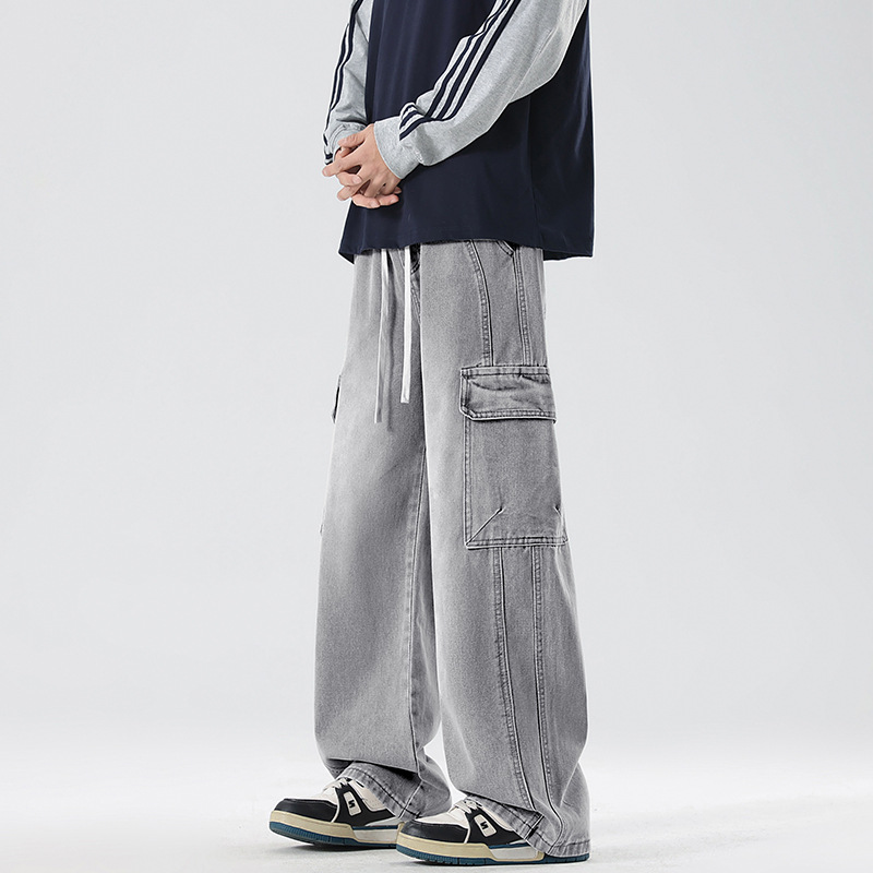 Jeans da lavoro da uomo LKTM stile americano con multitasche e patchwork, vestibilità ampia, coulisse, gamba dritta, vita media, cotone, nero, blu_voghion.com
