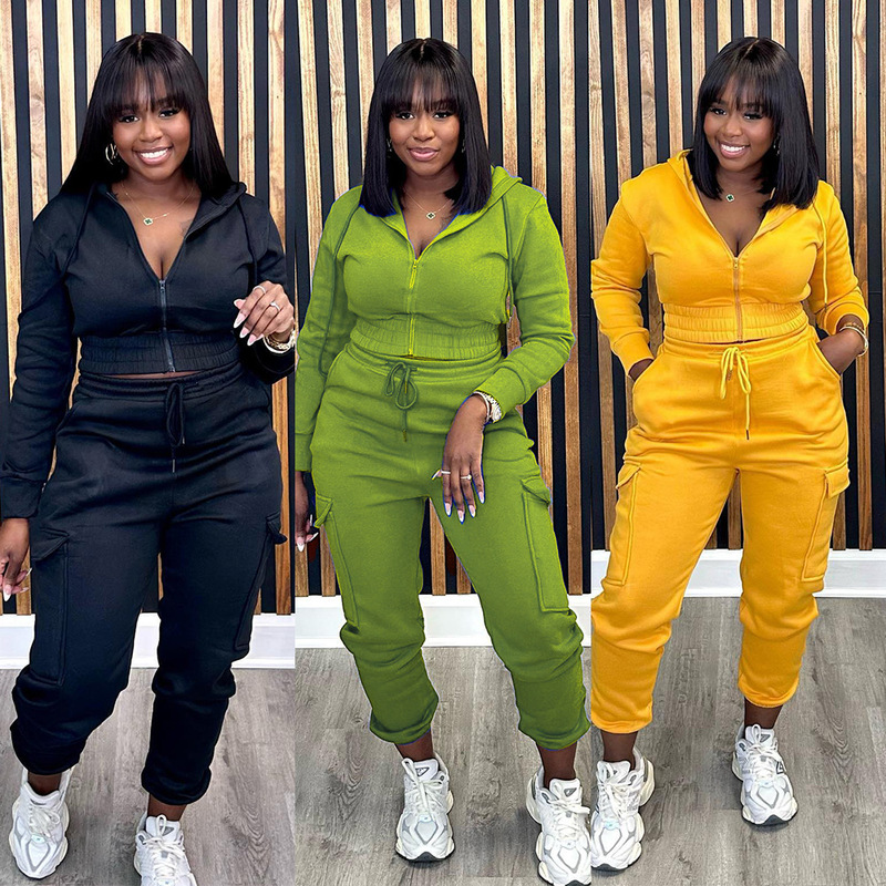 OL6138 Amazon European and American autumn and winter women's clothing fleece-lined sweatshirt overalls pocket suit solid color two-piece set