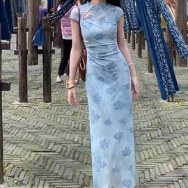 凌西茜水韵蓝笺新中式植绒旗袍女春夏罩衫吊带明媚漂亮连衣裙扎染