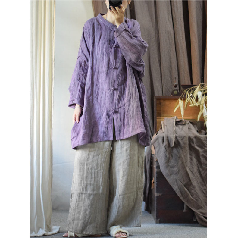 Original spring and autumn distressed irregular texture wrinkled linen retro nostalgic Chinese style buckle Zen women's top Original spring and autumn distressed irregular texture wrinkled linen retro nostalgic Chinese style buckle Zen women's top