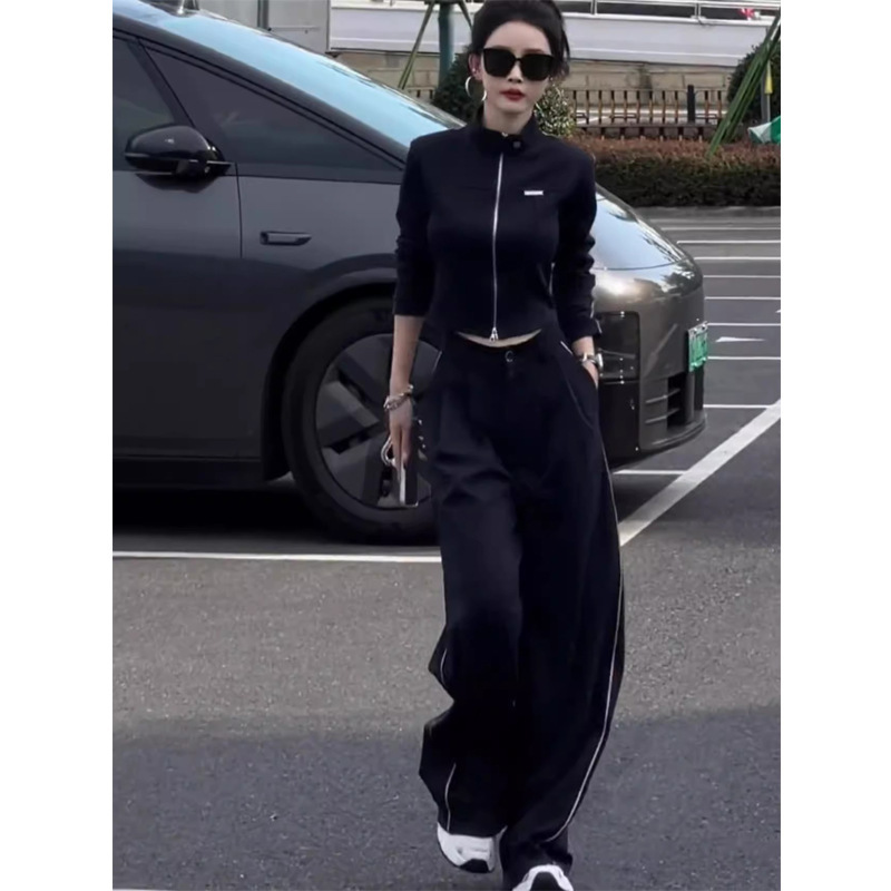 早秋搭配一整套2025新款拉链卫衣阔腿裤两件套时尚休闲运动套装女|undefined