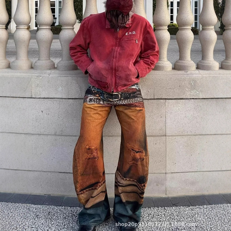 American High Street Retro 3D Belt Digital Jeans for Men and Women Casual Versatile Straight-Leg Trendy Wide-Leg Pants
